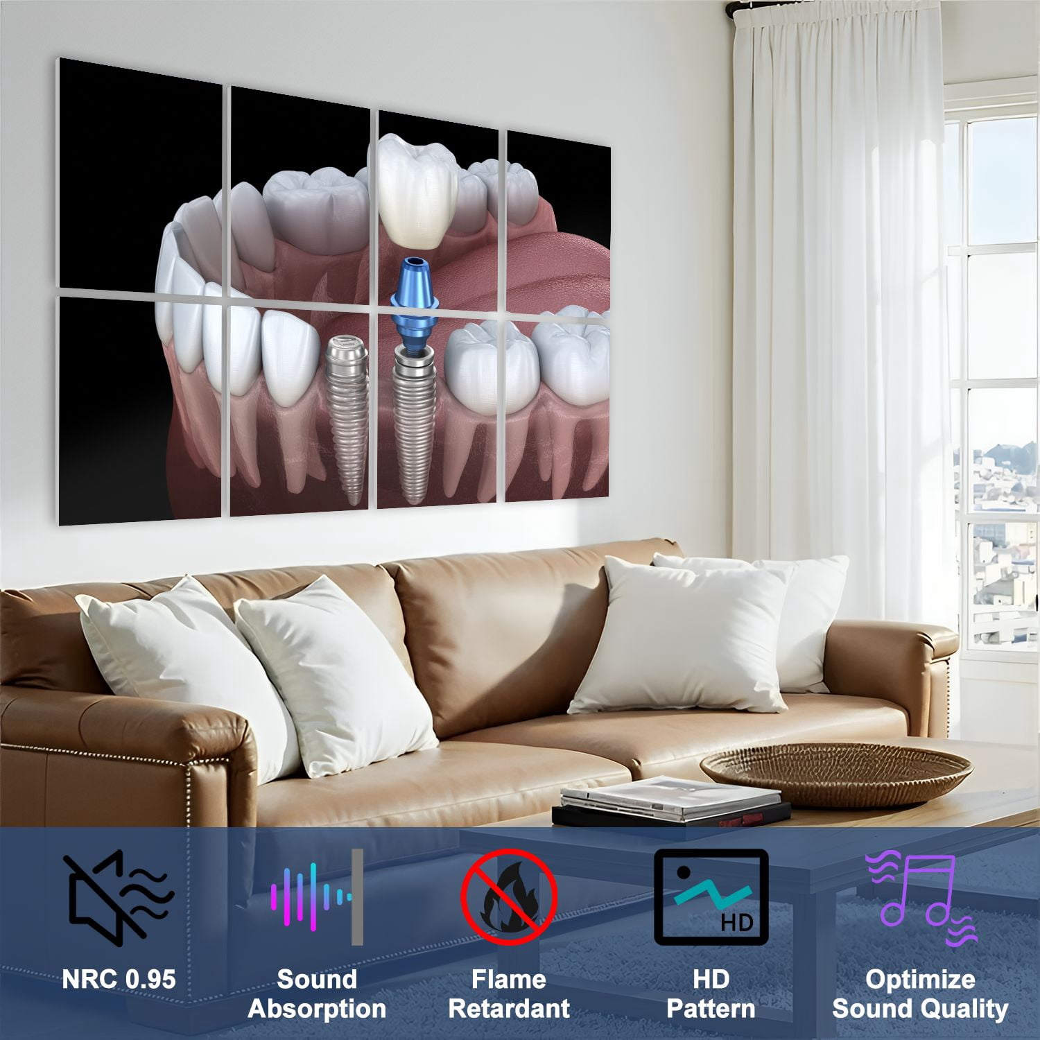 Dental 8 Pack Art Acoustic Panels Sound Absorbing Premolar tooth crown implant abutment Medically Decorative Soundproof Wall Panels Self Adhesive for Physician Hospital Office 48"x32"