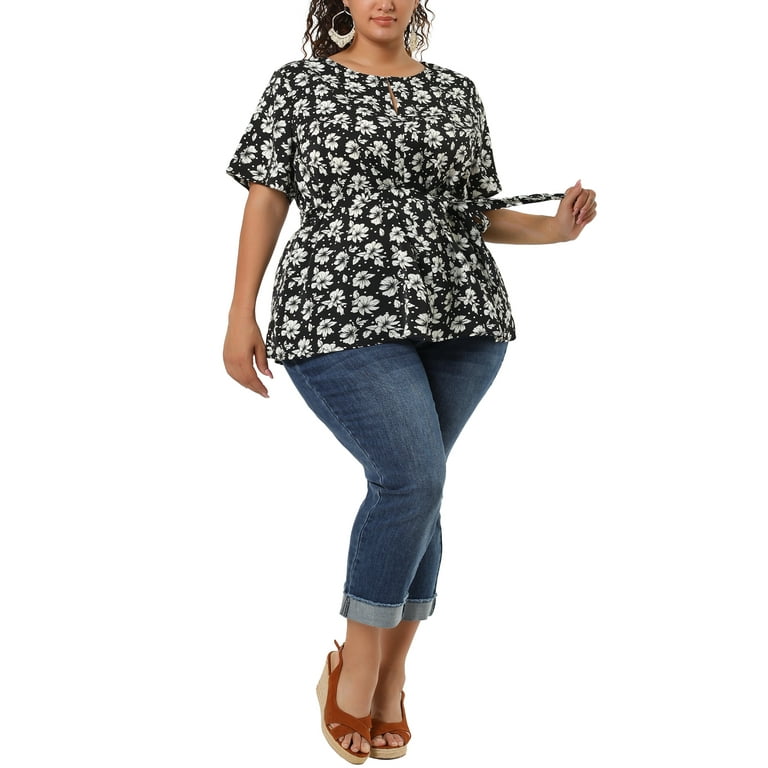 Unique Bargains Women's Plus Size Summer Ruffle Short Sleeve Tops Chiffon  Floral Blouse 2X Black