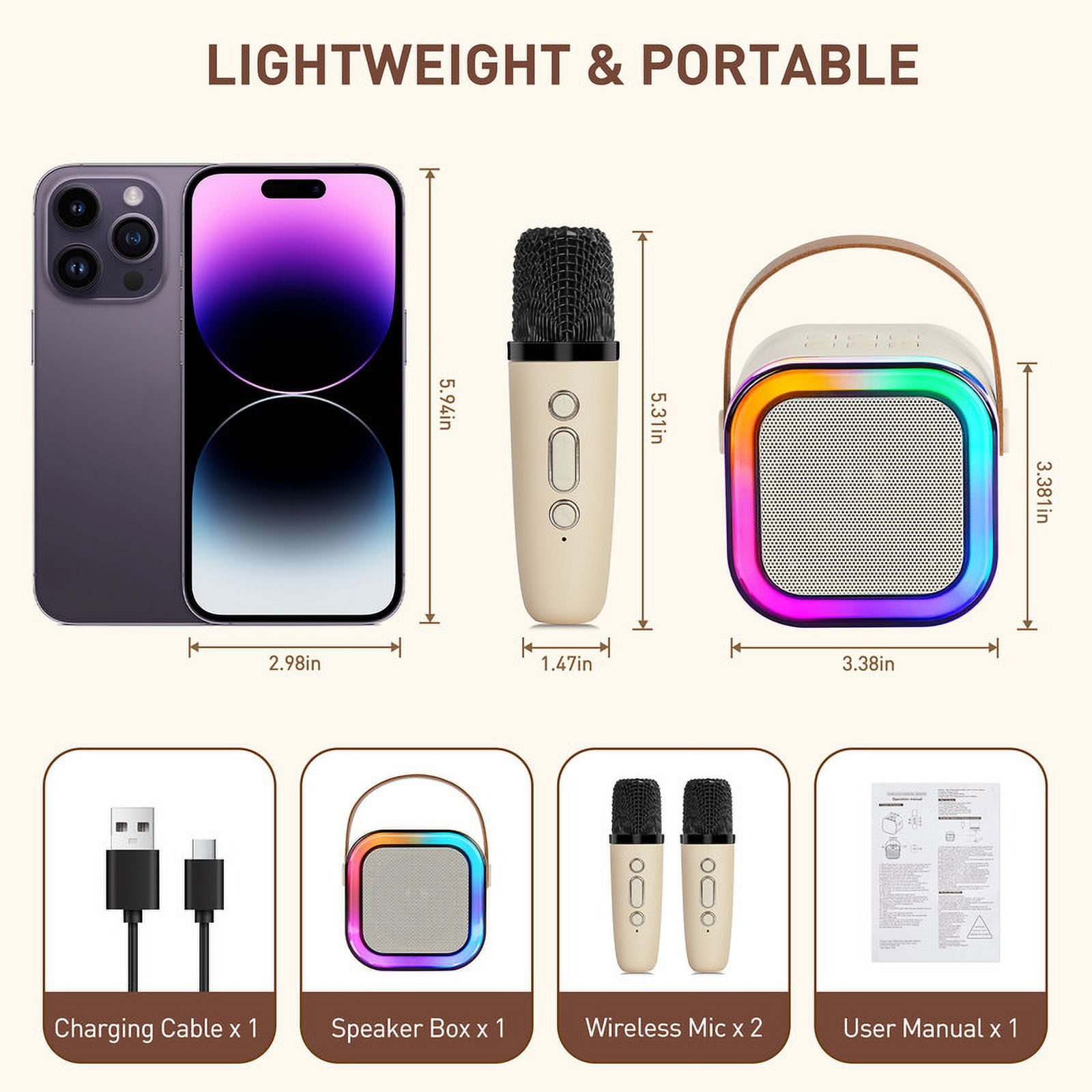 ENERFACE Karaoke Machine for kids,Portable Bluetooth Mini Microphone Speaker with 2 Wireless Mics & LED Lights, Perfect for Birthday Parties, Family Gatherings & Home Entertainment