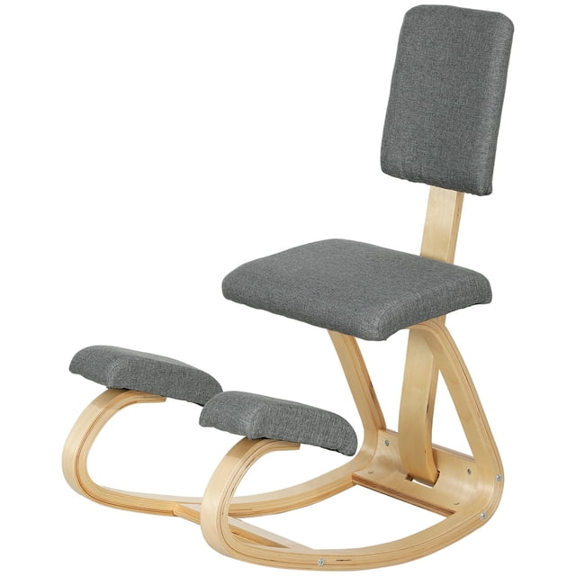 Ergonomic Kneeling Chair with Backrest - Grey Rocking Wood Stool for Posture & Comfort - Office, Meditation & Desk Chair - 33.1" H