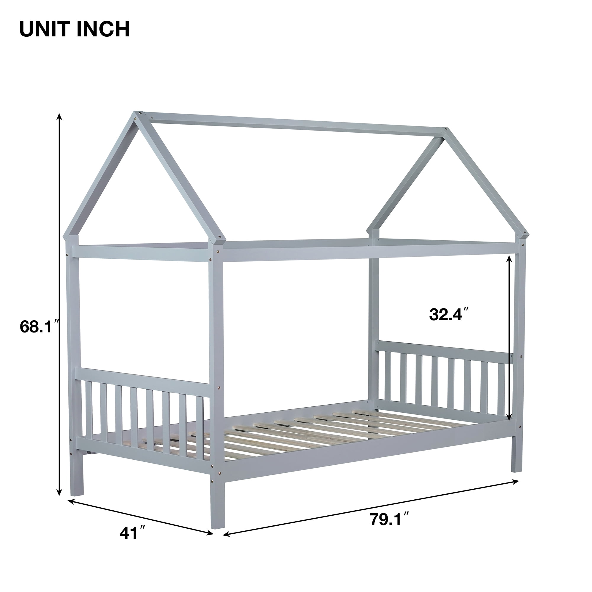 Miniyam Wood Twin Size Bed with House-shaped Design for Kids and Teens, Gray