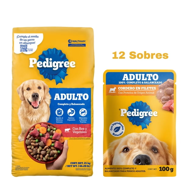 Pedigree Adulto 21 kg + Caja Pedigree Sobre Adulto filete Cordero (12 Pzas)