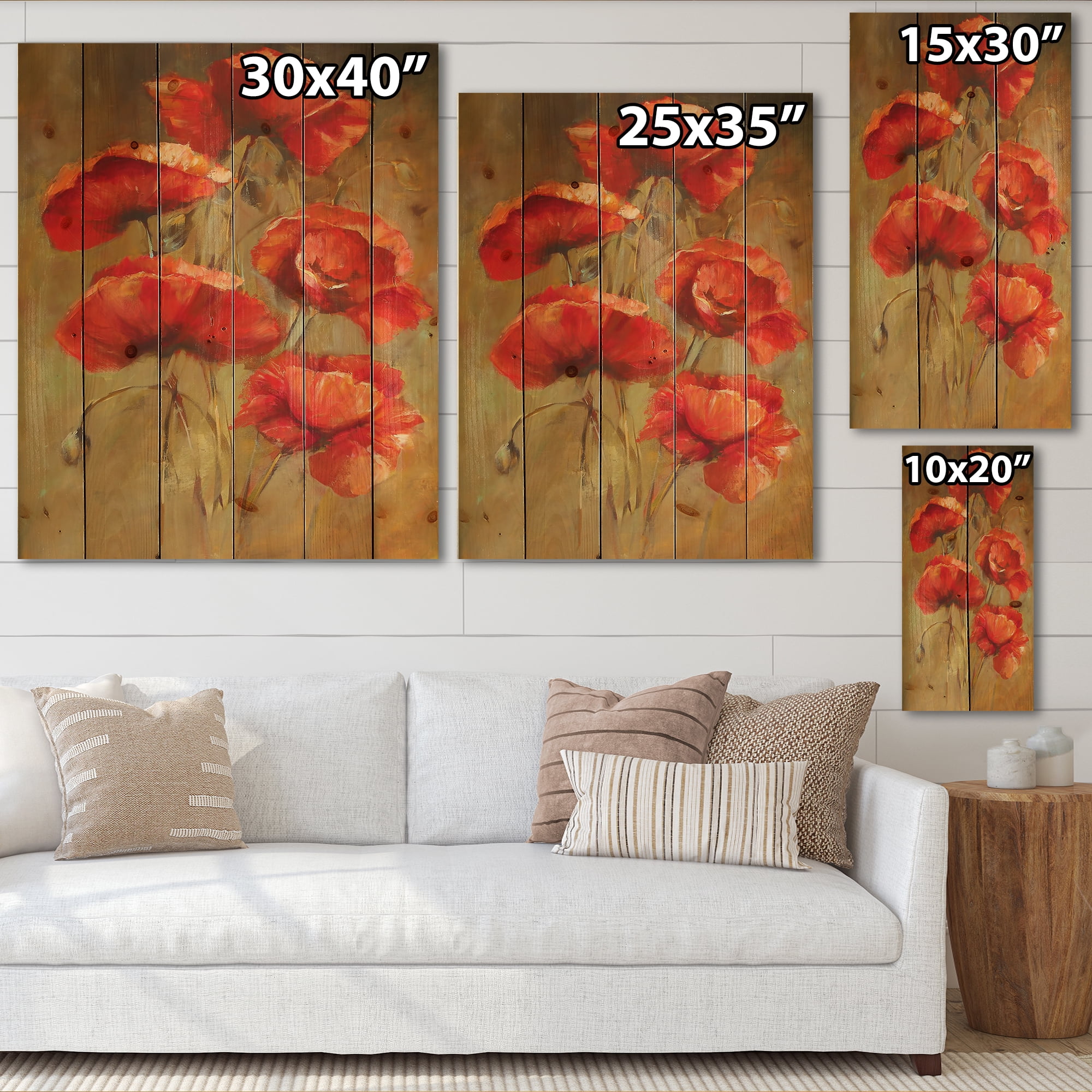 Designart 'Blooming Vintage Poppies I' Traditional Print on Natural Pine Wood