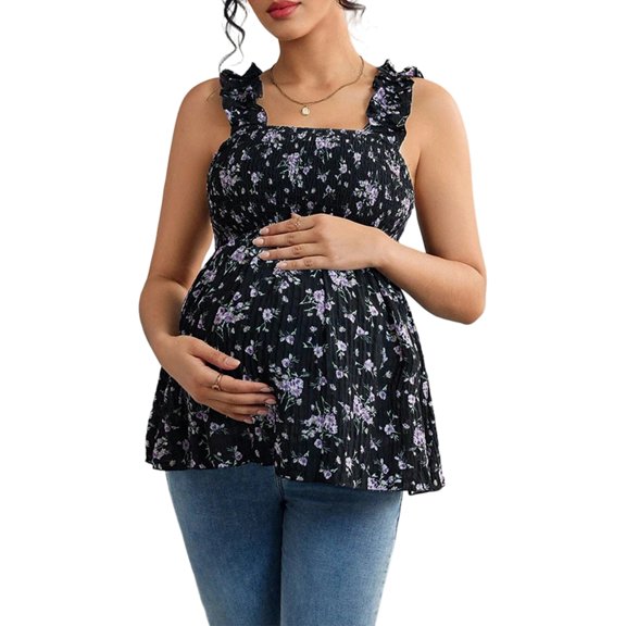 Women's Maternity Tank Tops Floral Babydoll Top Square Neck Smocked Peplum Blouse Shirts Black S