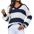 thumbnail image 2 of Aloohaidyvio Lightweight Sweaters for Women 2024 Fall Winter Women's Knitted Sweater Top Patchwork Color Pullover V-Neck Lantern Sleeve Sweater, 2 of 6