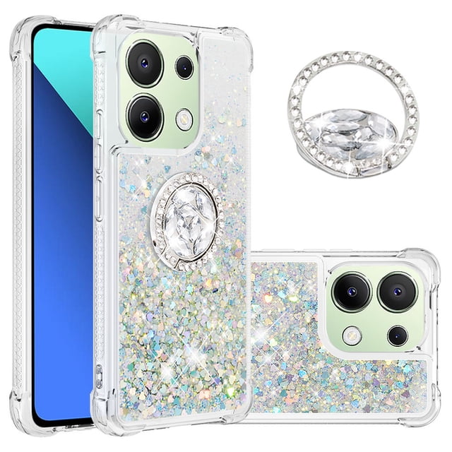 Funda para Xiaomi Redmi Note 13 4G con Brillo Líquido Flotante, Purpurina, Parachoques y Anillo Giratorio Soporte