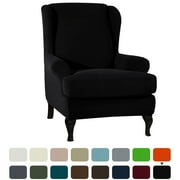 Subrtex 2-Piece Stretch Textured Grid Wing Chair Cover Wingback Armchair Slipcovers（Black）