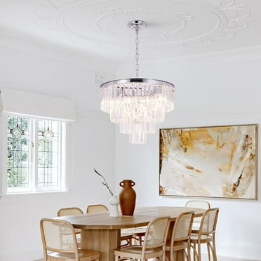 FINE MAKER Chrome crystal chandelier, 20 inch modern chandelier, round ceiling chandelier fixture 4 layers 6 lights luxury chandelier