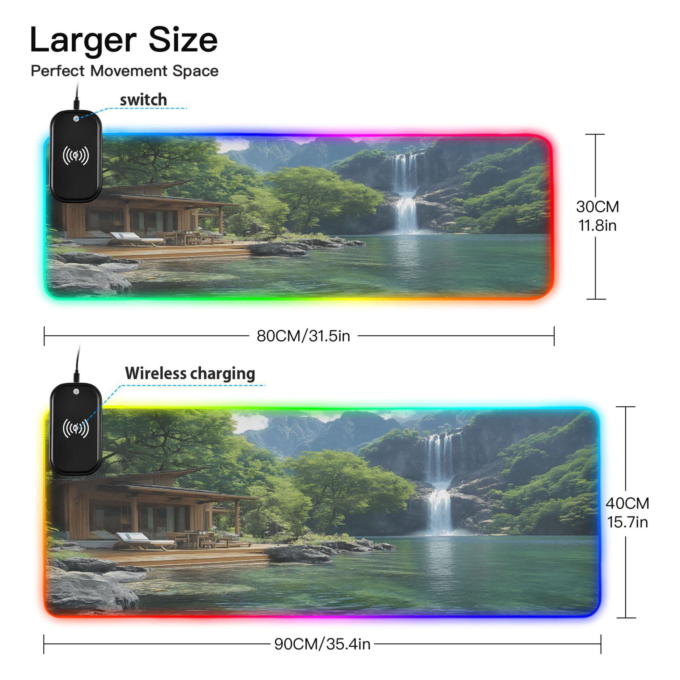 Wireless Charging Mouse Pad Large RGB Gaming Desk Mat 13 Light Modes Mousepad 35.4x15.7 Cabin by Lake