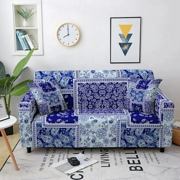 Chinese Blue and White Porcelain Style Sofa Cover Elastic Dustproof Wrinkle Resistant Universal ration for Multi-person Sofa