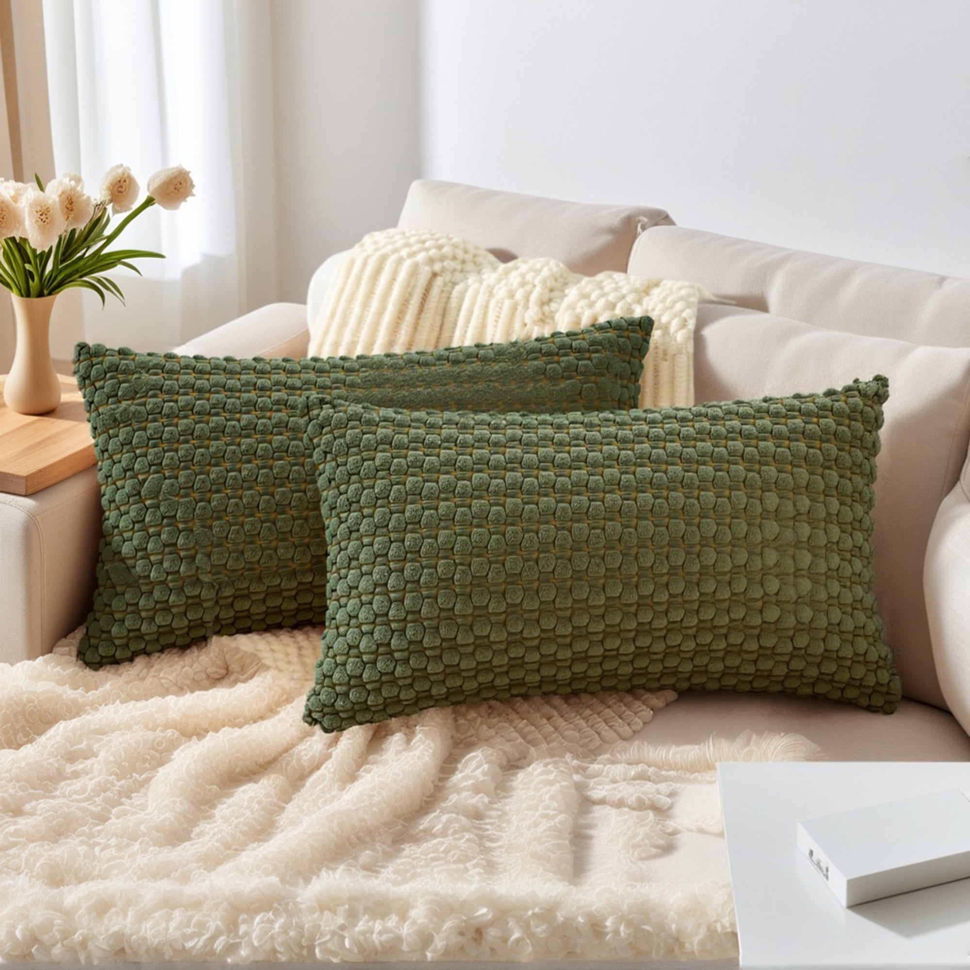 Unique Bargains Corduroy Throw Pillow Covers Set of 2 Dark Green 20" x 12"