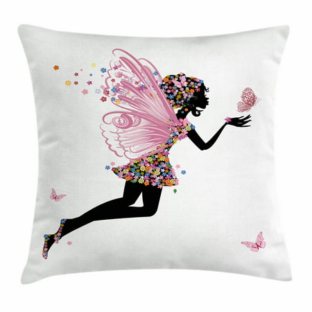 Fairy Throw Pillow Cushion Cover, Floral Arrangement Dress Pattern Winged Girl with Butterflies Cartoon Style Angel, Decorative Square Accent Pillow Case, 18 X 18 Inches, Multicolor, by Ambesonne