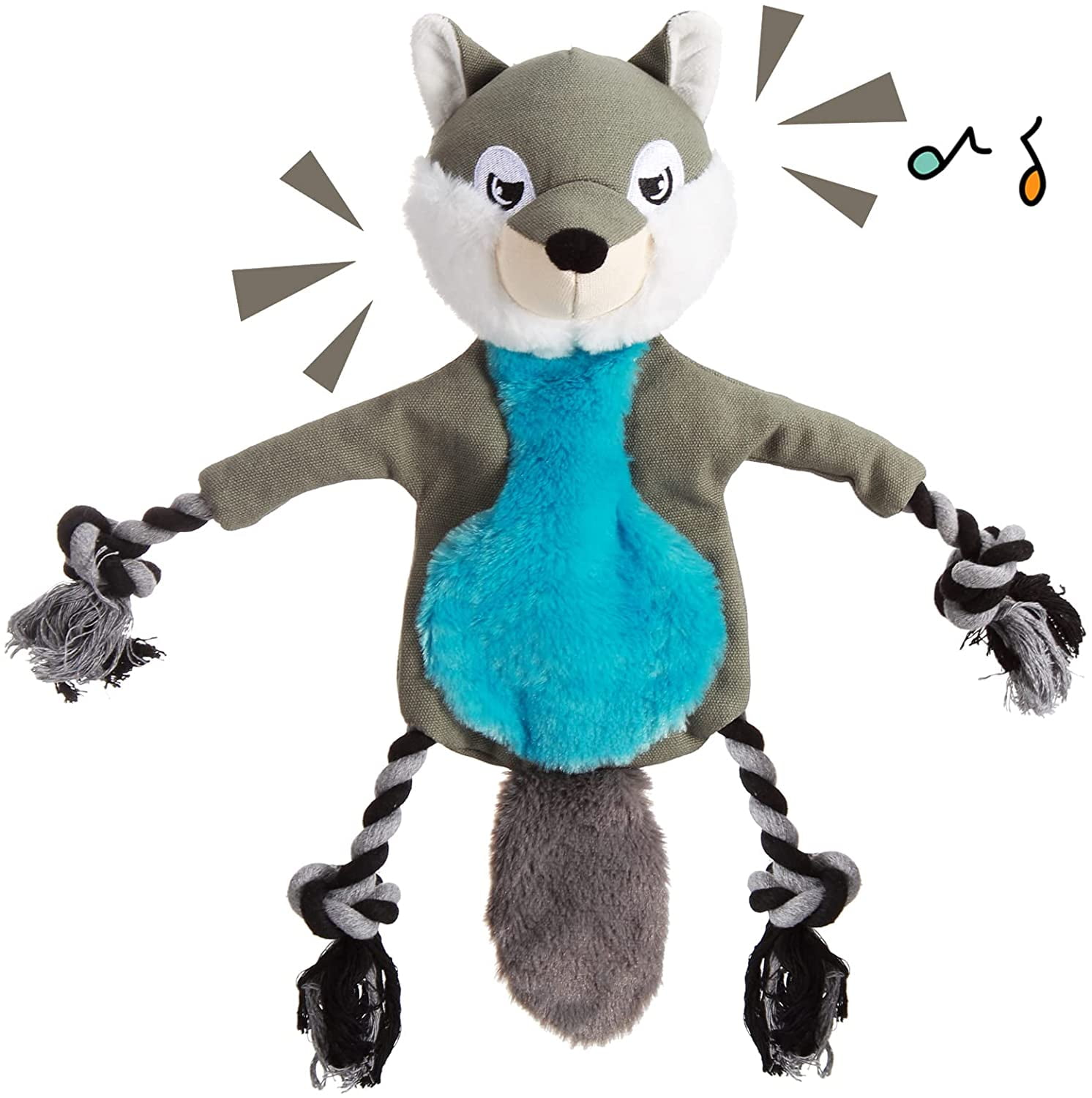 Stuffingless Squeaky Dog Toys, Crinkle Dog Toy with Rope Knots Grey Fox