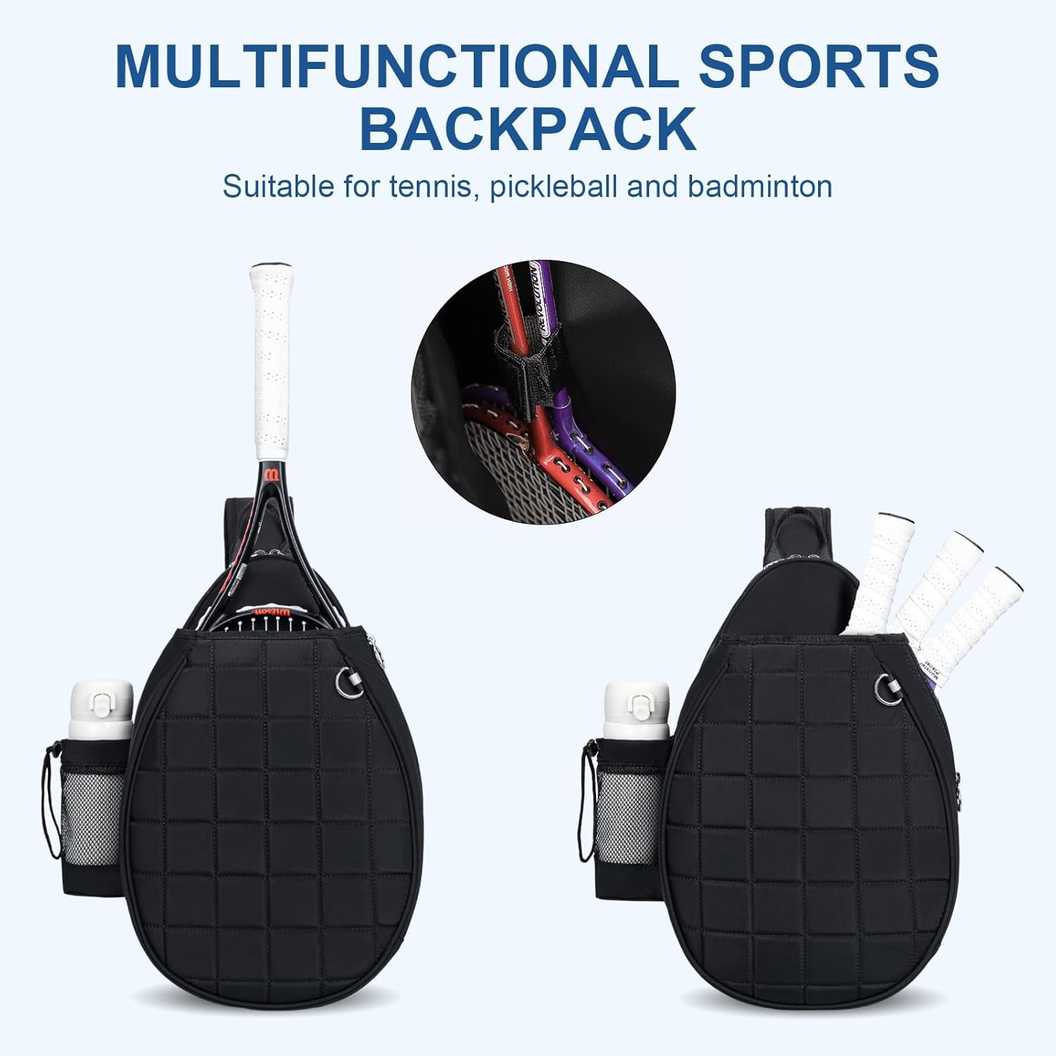 Quilted Tennis Backpack for 2 Rackets, Slim & Lightweight Waterproof Sling Bag for Tennis, Pickleball, Padel, Crossbody Sport Bag for Men & Women
