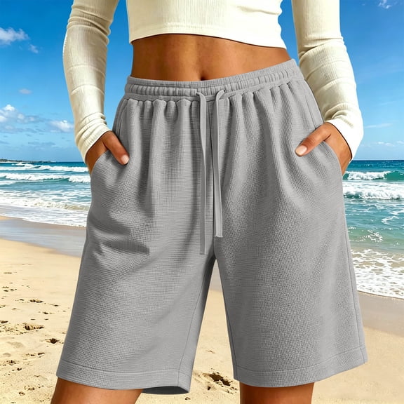 Xdegoge Women's Waffle Knit Shorts Casual High Waisted Bermuda Shorts with Pockets Elastic Waist Drawstring Long Sweatshorts for Summer Lounge Workout Activewear