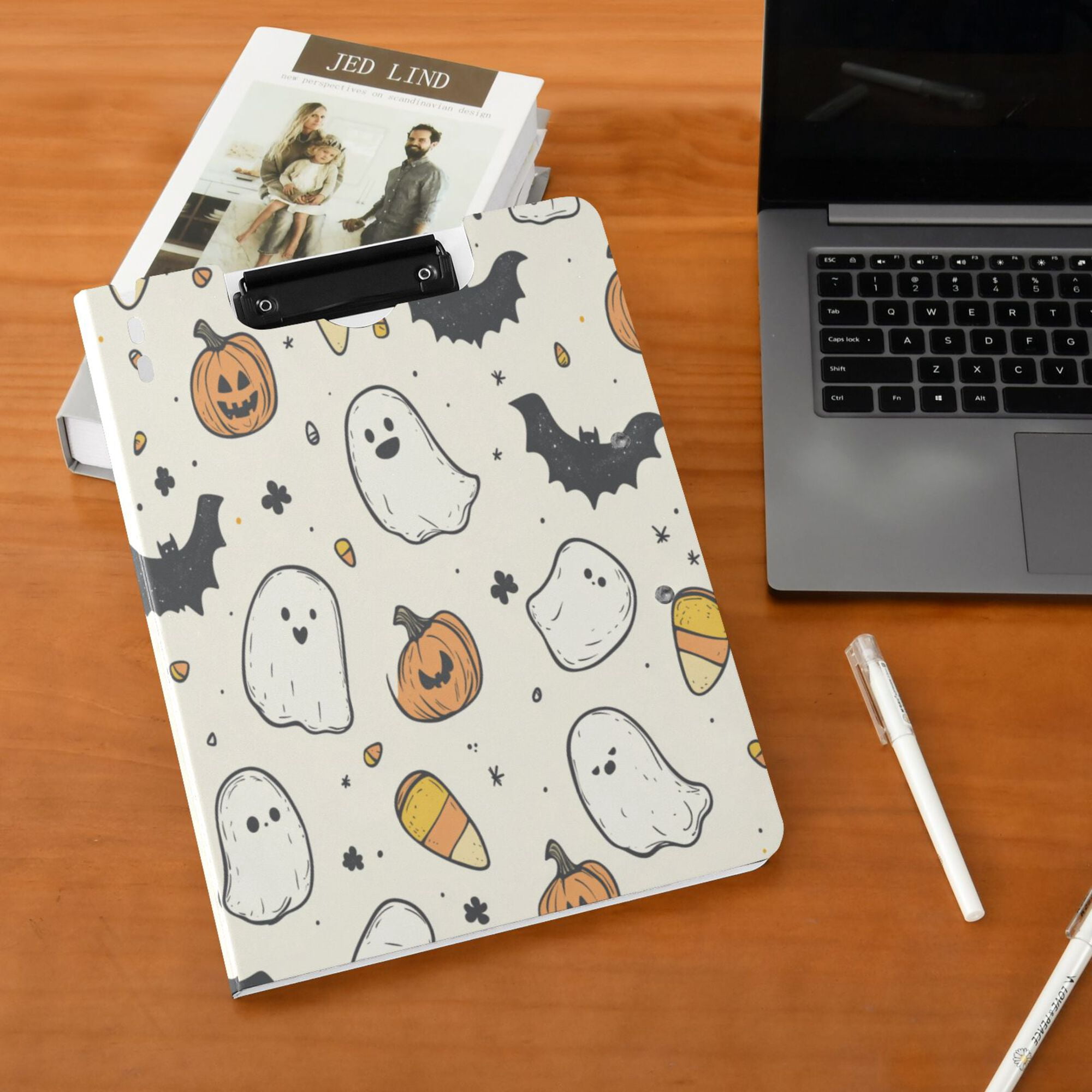 FORMRS A4 Clipboard Folder with Pen Holder Horizontal Foldable School Office Binder, Halloween Happy Ghosts