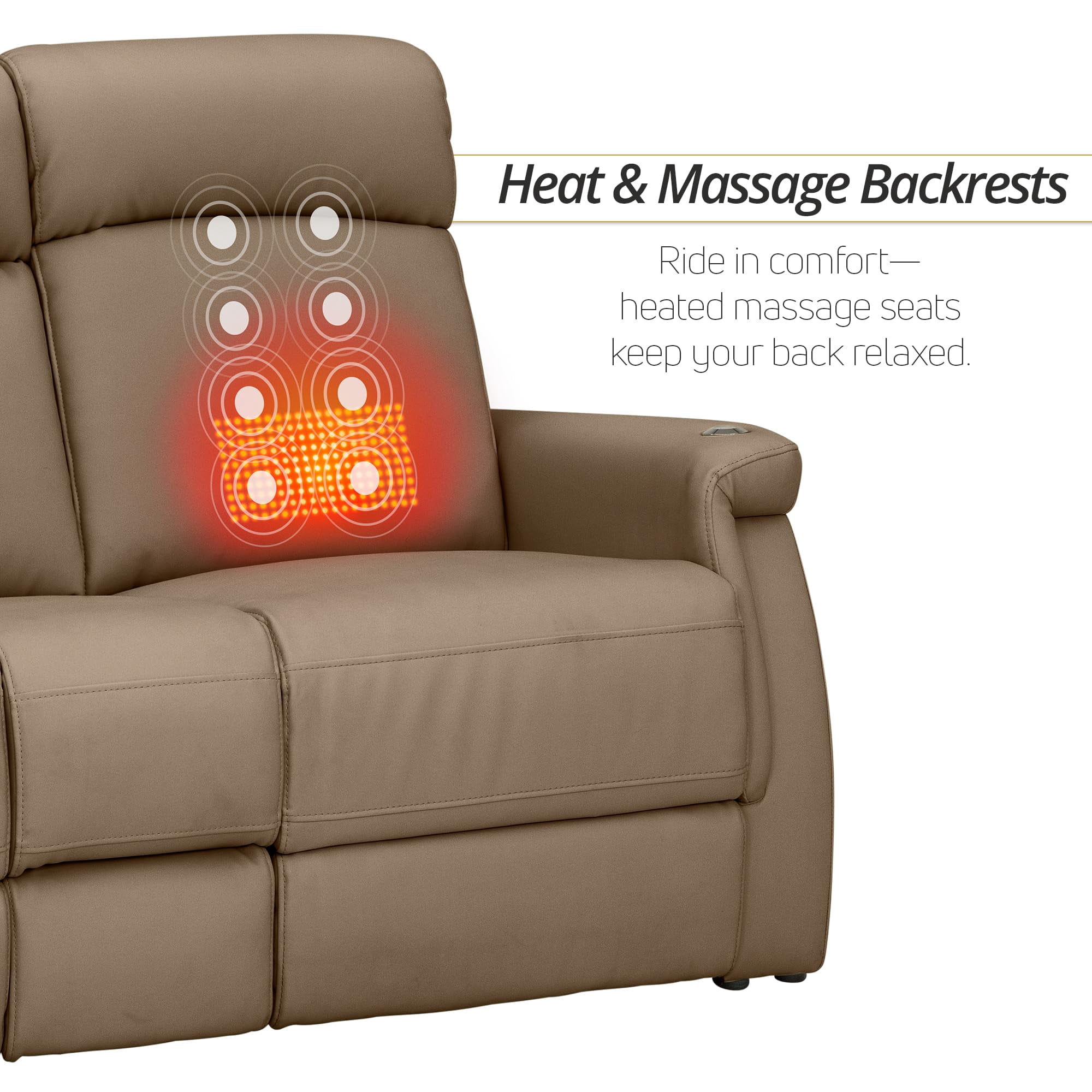 Qualitex Odyssey RV Double Recliner Sofa, Ultimate Leather, Heat & Massage, Power Lumbar, Power Recline, Light Sand