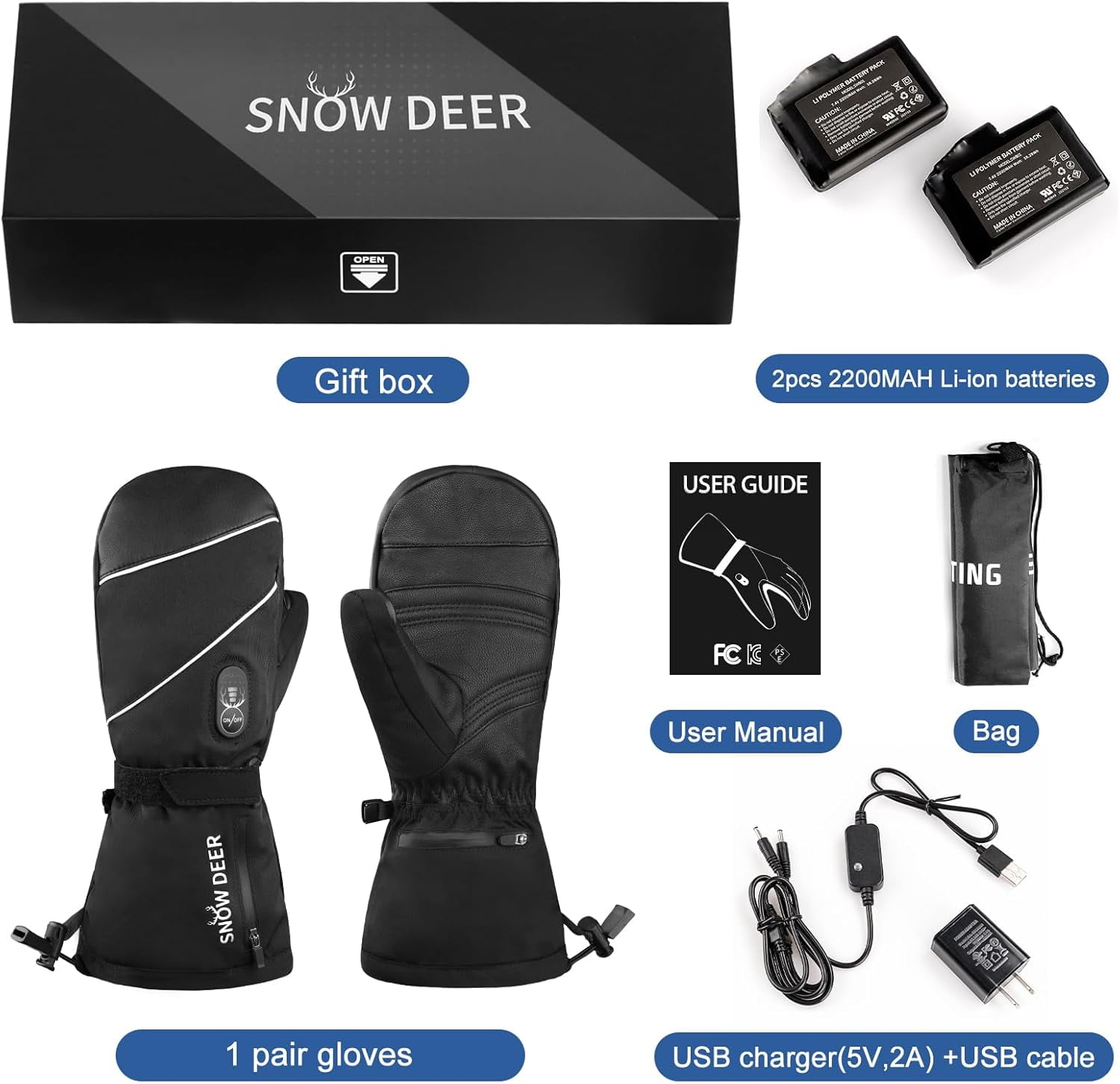 Snow deer Unisex Heated Gloves 7.4V 2200mAh Electric Rechargeable Winter Warm Glove Liners for Arthritis Raynaud Thin Gloves Riding Ski Snowboarding Hiking Cycling Hand Warmers