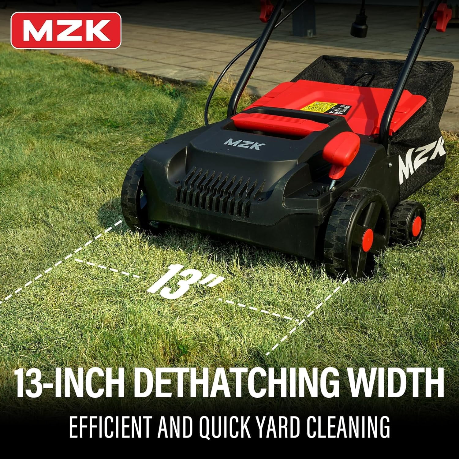 MZK 13-inch 13-Amp 2-in-1 Electric Dethatcher and Scarifier w/Removeable 4-Position Height Adjustment,Lawn dethatcher w/8-Gallon Thatch Collection Bag,Keep Lawn Health DS13A02