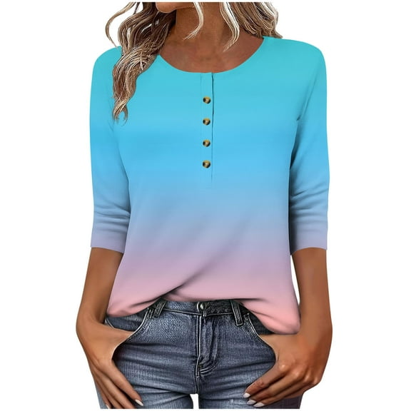 Womens Plus Size Spring Clothes, 3/4 Sleeve Shirts for Women Summer Casual Loose Fit Ombre Tie Dye Button Up Crewneck T-Shirts