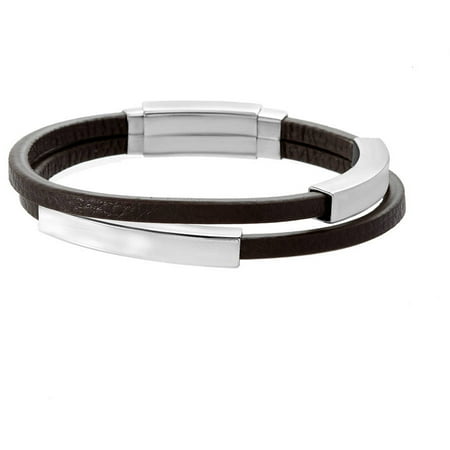 Super Sliding Curve - Reinforcements Silver-Tone Men's Brown Leather Double-Strand Sliding Curved Bar In-and-Out Adjustable Bracelet in Stainless Steel