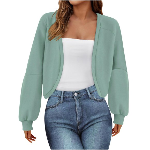 WRKEKC Women's Cropped Cardigan Long Sleeve Open Front Casual Sweater Lightweight Fall Layering Piece