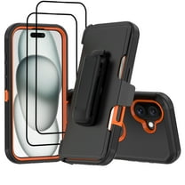 Hotpom Case for iPhone 16 Heavy Duty Shockproof Dustproof Phone Case with Screen Protector Tempered Glass & Belt Clip, Black/ Orange