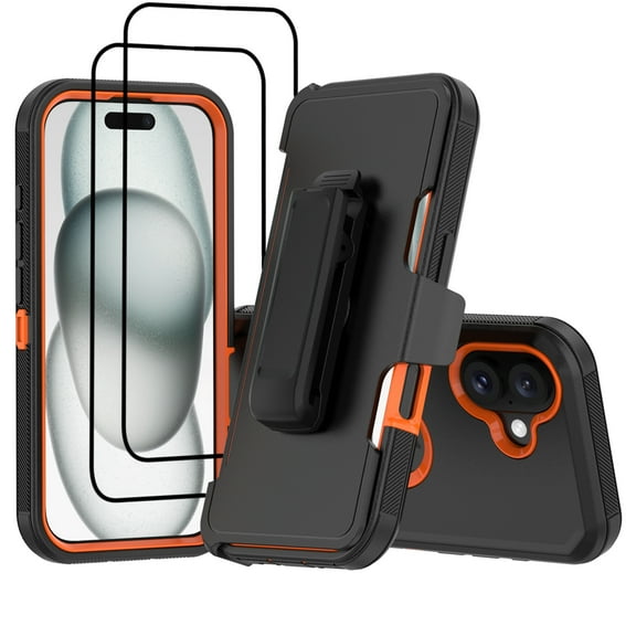 Hotpom Case for iPhone 16 Heavy Duty Shockproof Dustproof Phone Case with Screen Protector Tempered Glass & Belt Clip, Black/ Orange