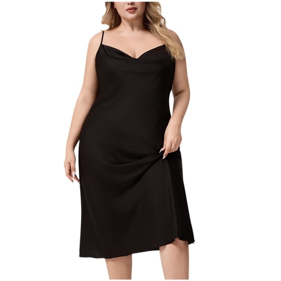 Women's Satin Long Sleepshirt - Solid Color Sleeveless Nightgown with Ribbon Suspenders & Built-in Pads,Casual Fashionable Style Perfect for Cozy At-Home Lounging & Sleep Black Xxl