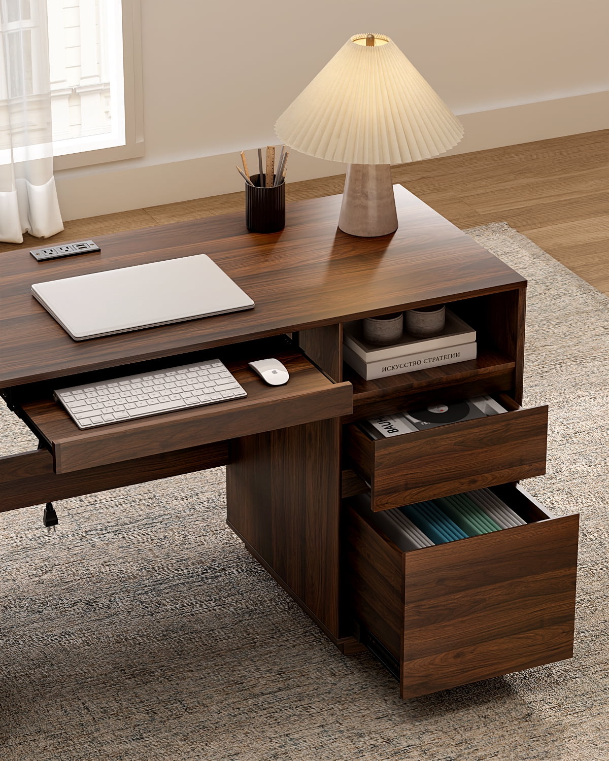 Joyyskill Farmhouse Executive Desk with File Drawer 59" Large Computer Desk Home Office Desk with Charging Station, Keyboard Tray, Storage Cabinet Modern Workspace for Study, Brown