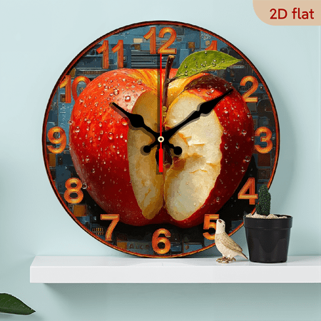 1pc 10Inch Vintage Apple-Shaped Wall Clock with Quartz Movement - Realistic Red Apple Green Leaf Design, White Face Black Hands, Manufactured Wood Round Clock, Living Room,, Dorm - Fruit-Theme