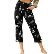 LINGOGO Womens Summer Yoga Sports Pants Floral Printed Casual Plain 3/19 Trousers Pockets Bottoms