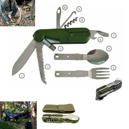 6 Function Camper Multi Tool Folding Hobe Knife Fork Spoon Survival Camp