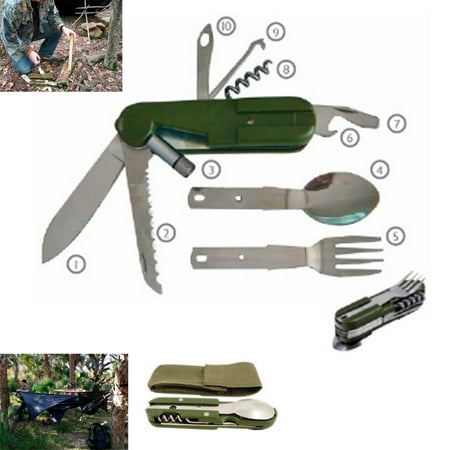 Folding Camping Knife - 6 Function Camper Multi Tool Folding Hobe Knife Fork Spoon Survival Camp Sports