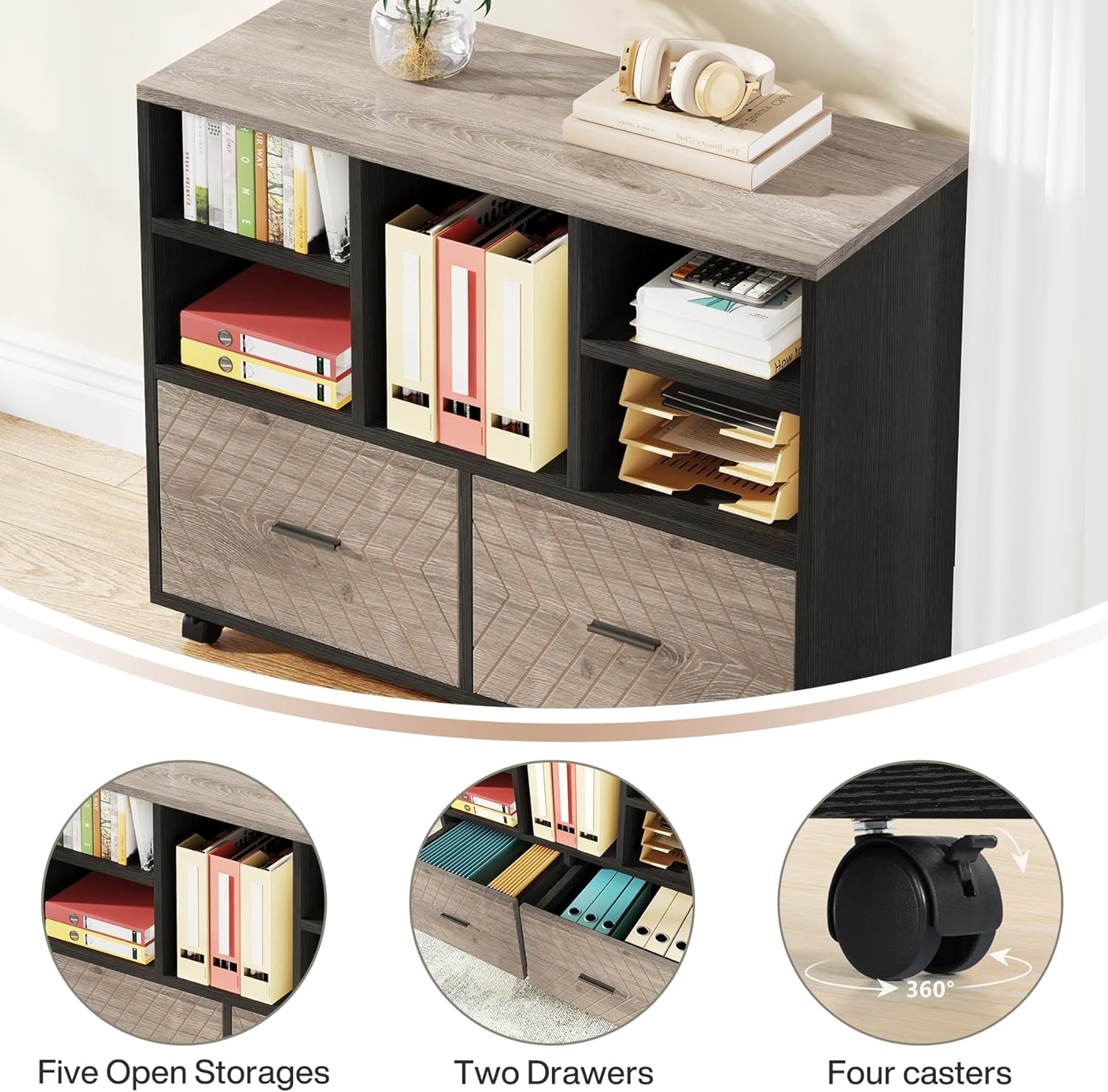 L-Shaped Executive Desk with Reversible File Cabinet, 3" Office Desk with Storage Drawers, Grey