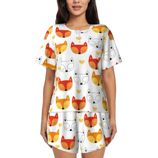 Balery Cute Fox with Heart Conjunto de Pijama para Mujer con Estampado, Dos Piezas de Manga Corta y Shorts, Ropa de Dormir Suave con Cuello Redondo y Bolsillos-Small
