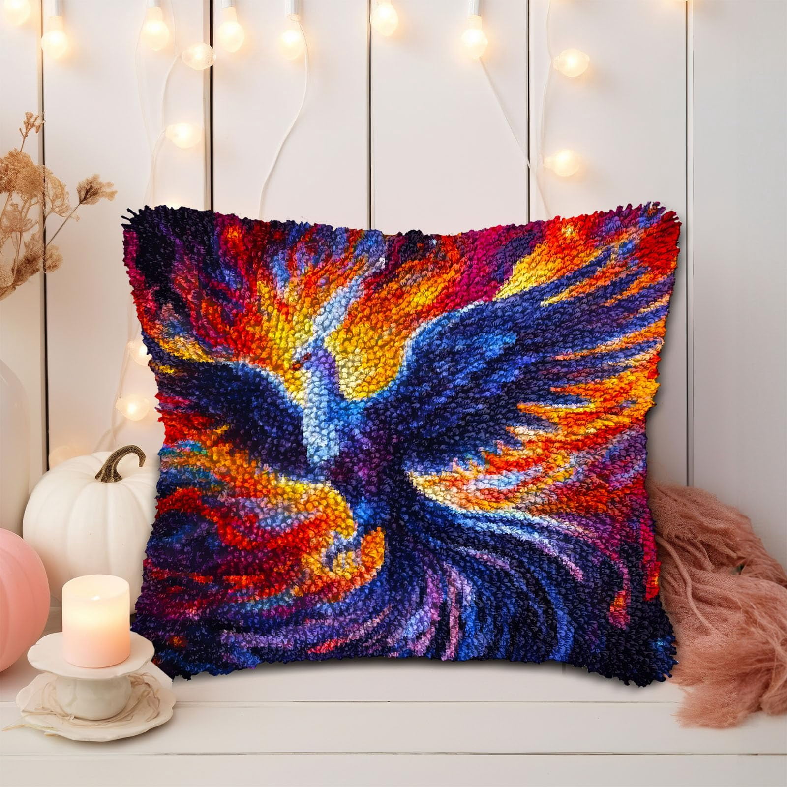 Flying Bird in Fire DIY Latch Hook Pillow Kits for Adults Printed Pillowcase Crochet Yarns Hooking Handmade Pillow Cover Cushion for Home Sofa Decoration 17x17inch(2)