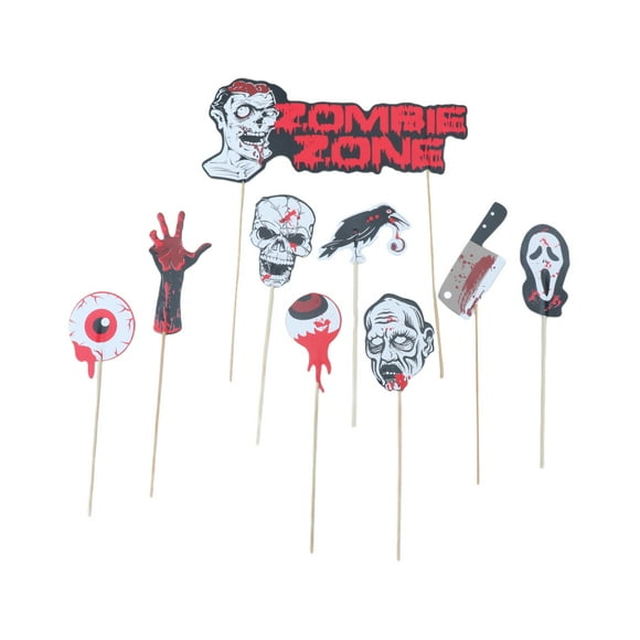 9pcs Halloween Theme Scary Zombie Zone Cake Toppers Paper Cake Picks Cupcake Decor Party Supplies