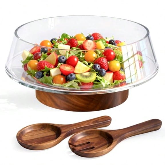 Extra Large Glass Salad Bowl Set 5Qt 160 fl oz Mixing/Serving Bowl with Wood Base Salad Servers Trifle Bowl for Kitchen Parties Christmas