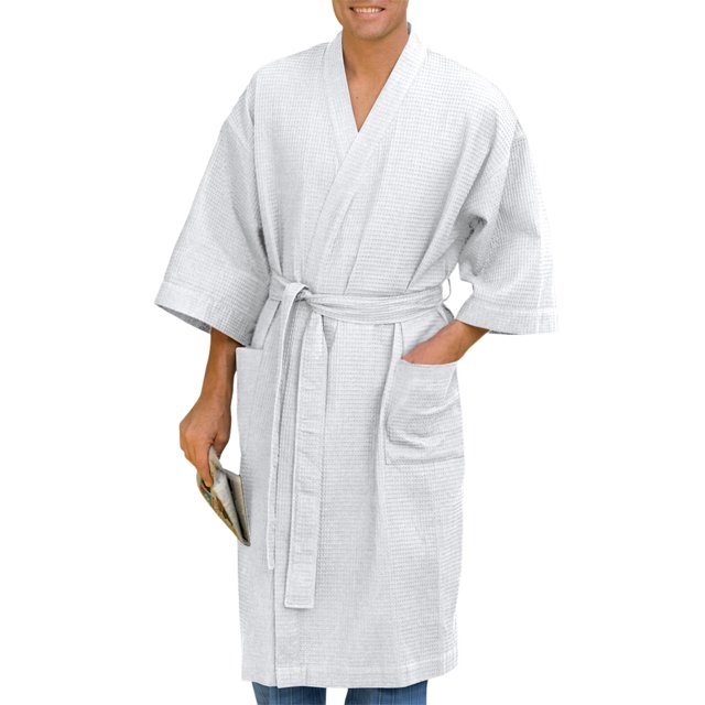 Harbor Bay by DXL Big and Tall Men's WaffleKnit Kimono Robe, White, 3XL/4XL