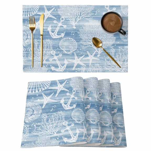 Coastal Coral Anchor Placemats Set of 6 Blue Starfish Summer Ocean Vintage Place Mats Indoor Wipeable Table Mats Washable Cloth Dining Table Placemats for Kitchen Holiday Party Home Decor 13x19 Inch