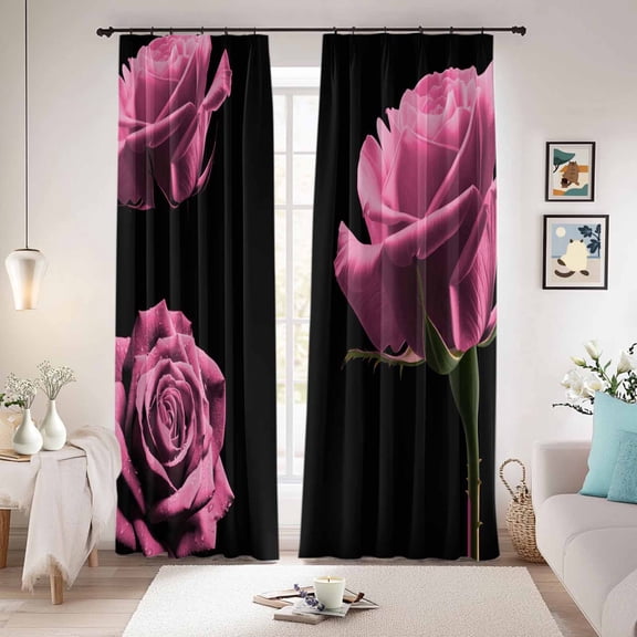 Pink Rose Blackout Curtains for Bedroom/Living Room, Pinch Pleated Black Out Curtains, Vintage Abstract Garden Flower Floral Black Room Darkening Window Drapes with Hooks 2 Panels, 39"x70"