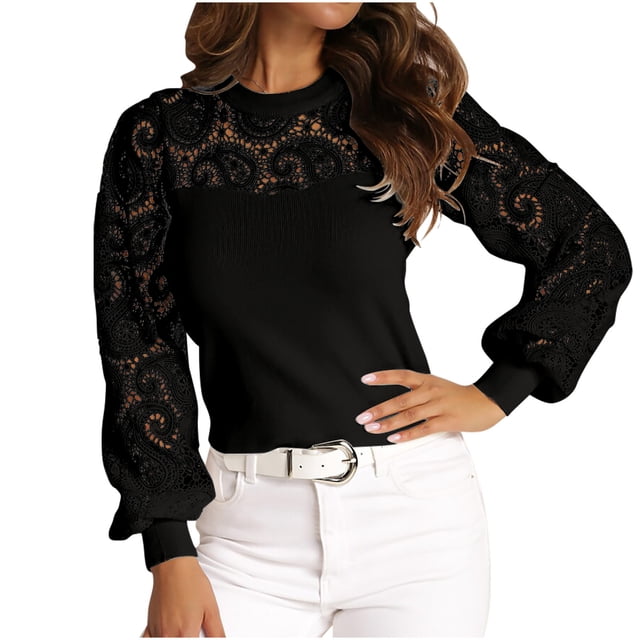 Timegard Hauts pour Femmes Blouse à Manches Longues en Dentelle Col Rond Mignonne Décontractée Ajustée pour l'Automne