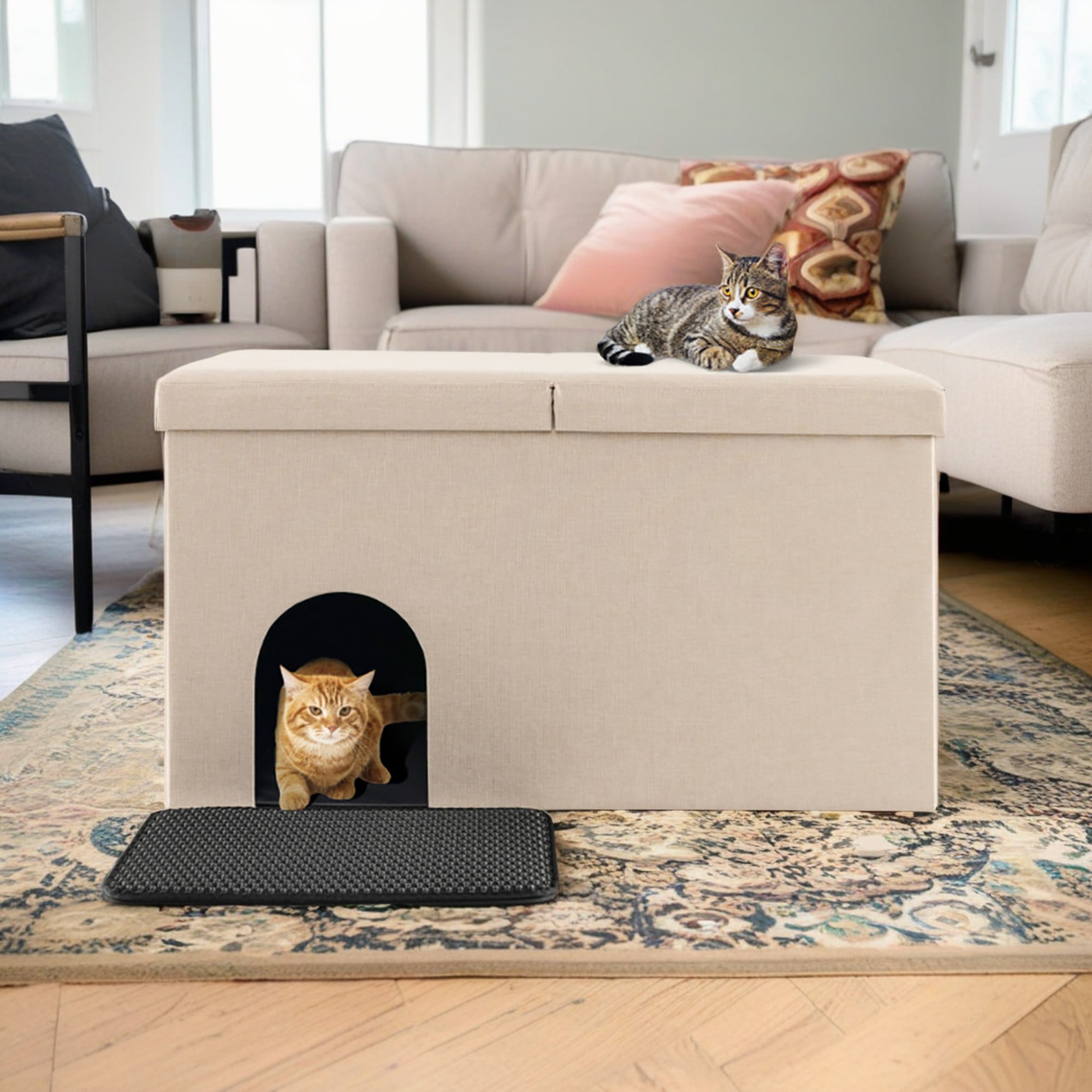 resenkos 35" Hidden Cat Litter Box Enclosure Furniture with Urine Proof Litter Mat, Pet House for Indoor Cats, Living Room Cat Condo Bed Cave, Beige