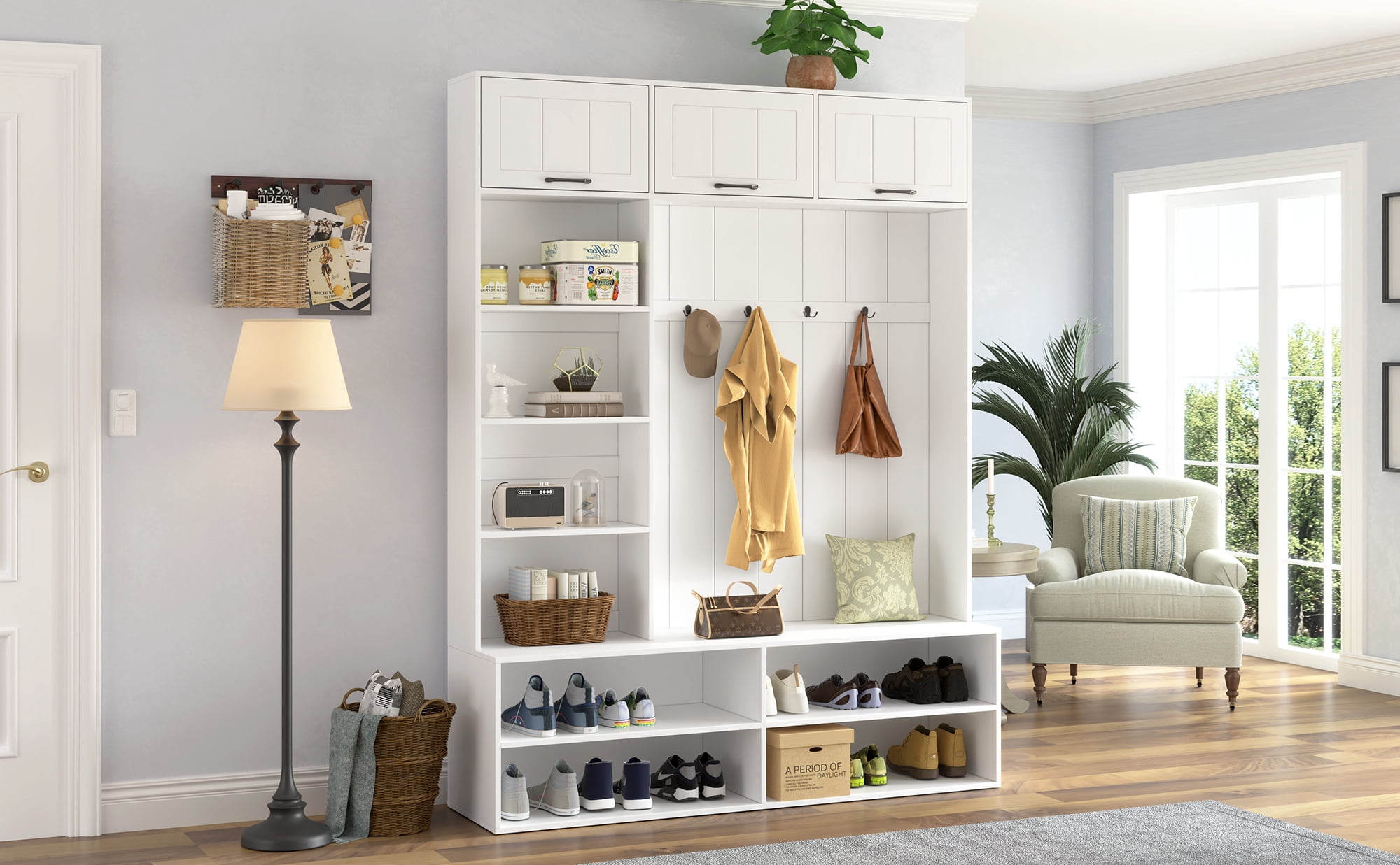 Mintazer 5-in-1 Farmhouse Hall Tree with Bench and Shoe Storage, 79"H Entryway Storage Organizer with Coat Rack & Hooks for Hallway, Living Room, White