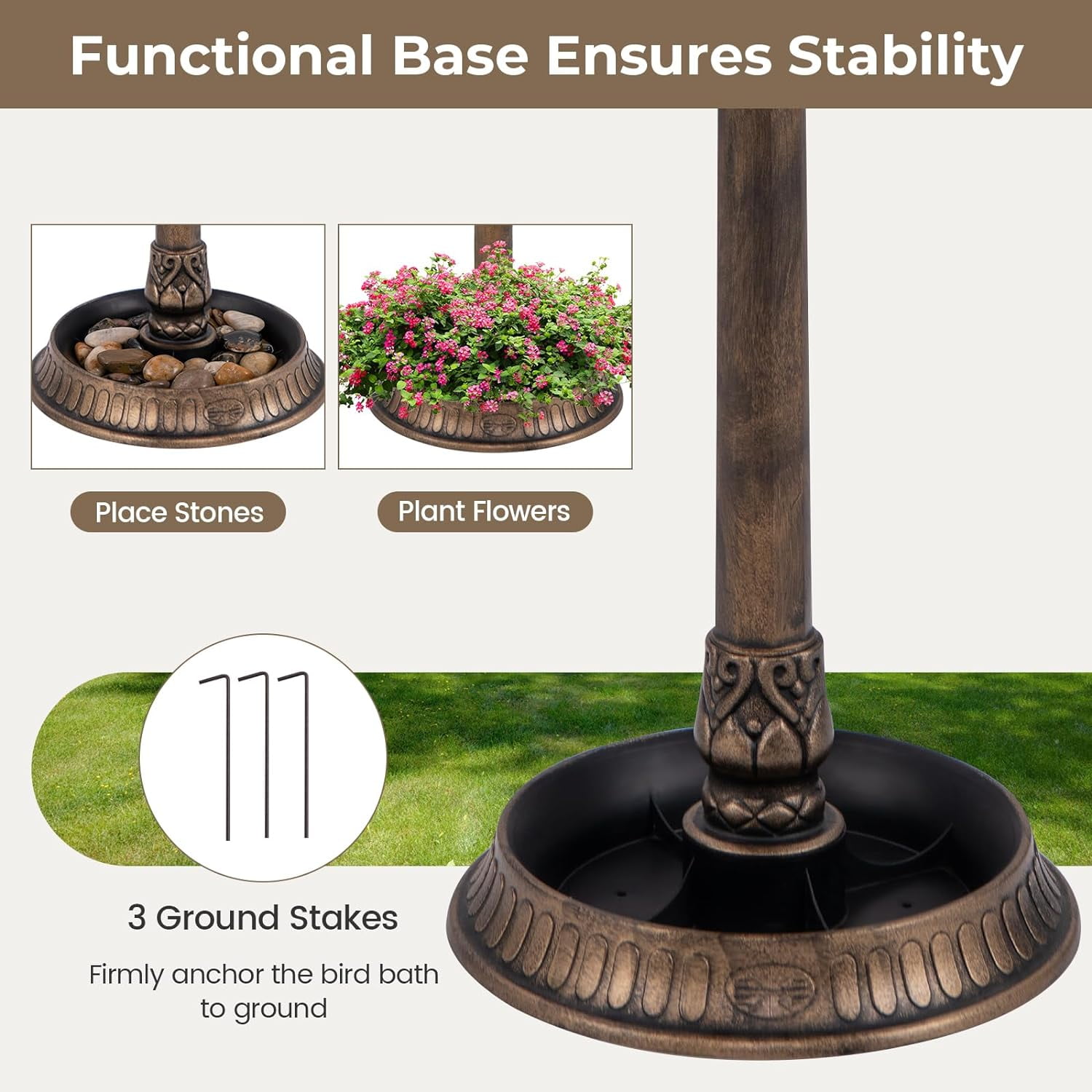 WBTER 42 inch Bird Bath Solar Lighted, Pedestal Bird Bath with Bird Feeder, Flower Planter Base, Solar Powered Lamp, 3 Ground Stakes, Standing Birdbath for Outside Garden Yard Outdoor (Bronze)