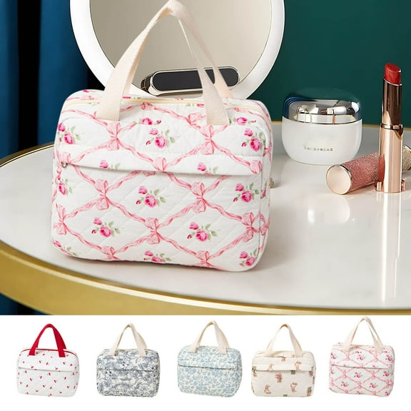 PPgejGEK Large Capacity Quilted Cotton Cosmetic Makeup Bag 25x20x9cm/9.8x7.9x3.5in Portable Tote Organizer with Multiple Compartments Travel Toiletry Bag