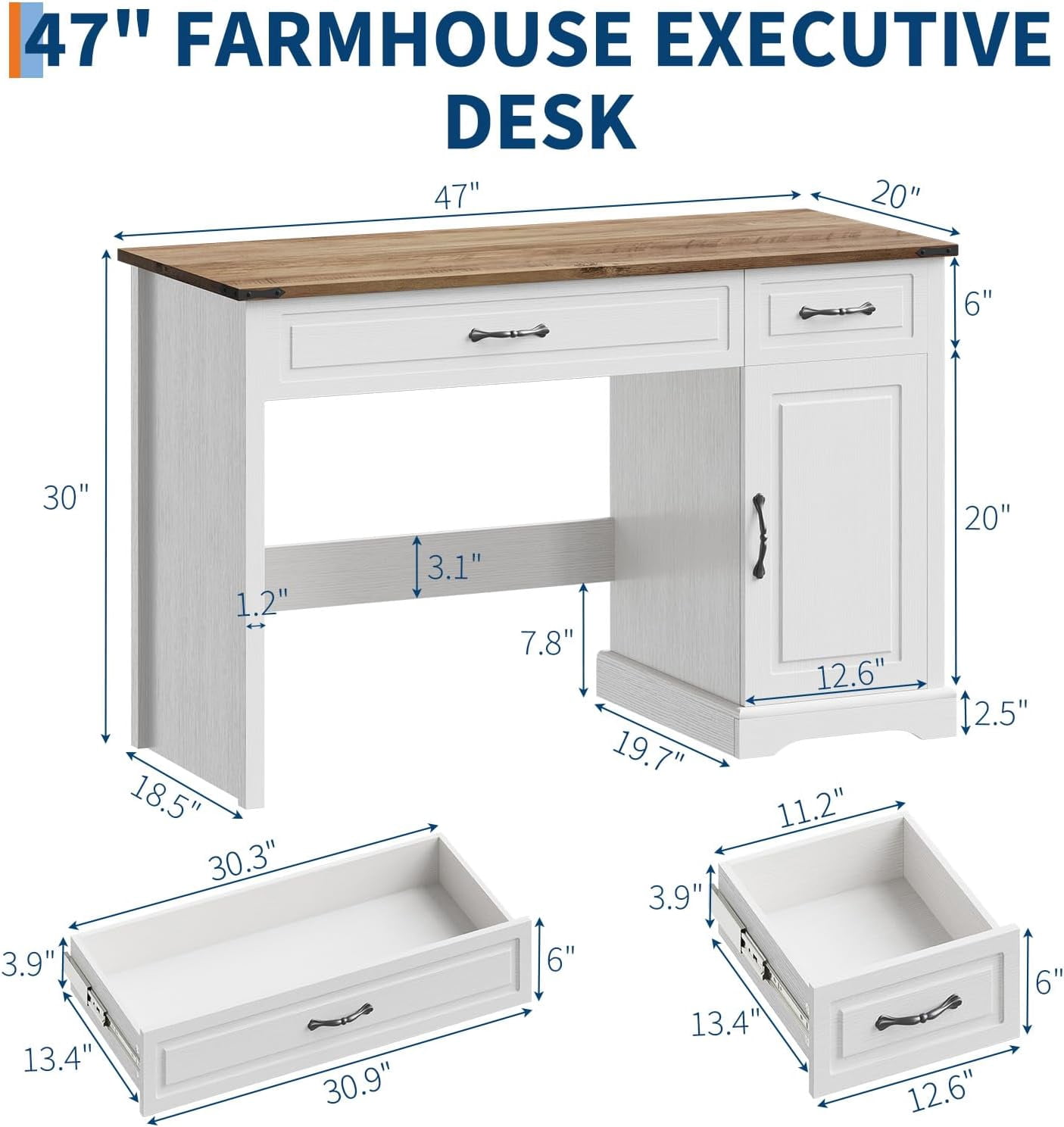 47" Farmhouse Executive Desk Computer Desks with Drawers and Cabinet Wood Workstation Computer Desks for Study and Home Office