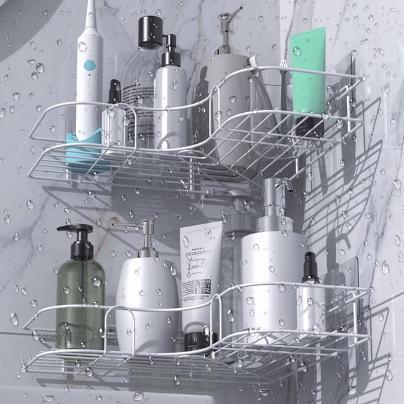 Corner Shower Caddy - 2 Pack, Adhesive Shower Organizers, Rustproof Stainless Steel Shower Shelves with 4 Hooks, No Drilling Bathroom Organizers and Storage Racks, Space-Saving