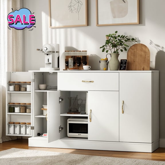 Hassch 55.1" Large Buffet Sideboard, Coffee Bar Cabinet with Drawer and 4 Drawers, Modern Storage Cabinet with Shelves, Farmhouse Cupboard for Kitchen, Living Room, Dining Room, White